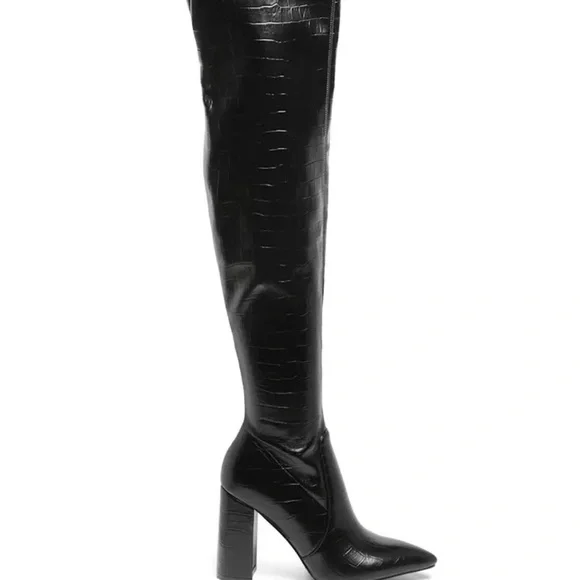 London Rag Croc Embossed Black Over the Knee Boots Sz 5 - Picture 7 of 12